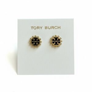 Tory Burch Black and Gold Logo Stud Earrings